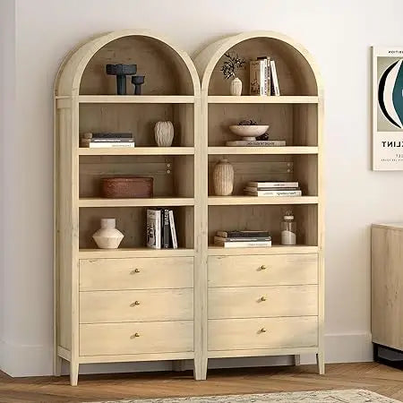 MKDK Tall Arched Bookshelf With Drawers Farmhouse Cabinet