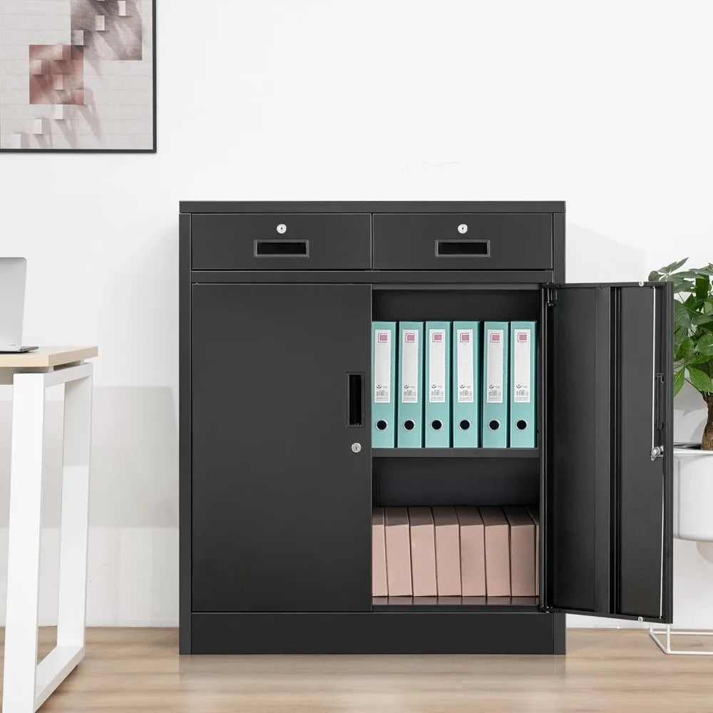 Color Locking Storage Cabinet With 2 Drawers And Shelf