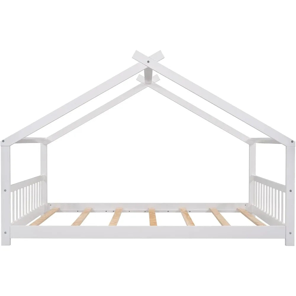 Modern Full House Beds, Montessori Bed Wood Frame, Kids Platform Bed with Headboard & Footboard for Children Boys Girls Teens