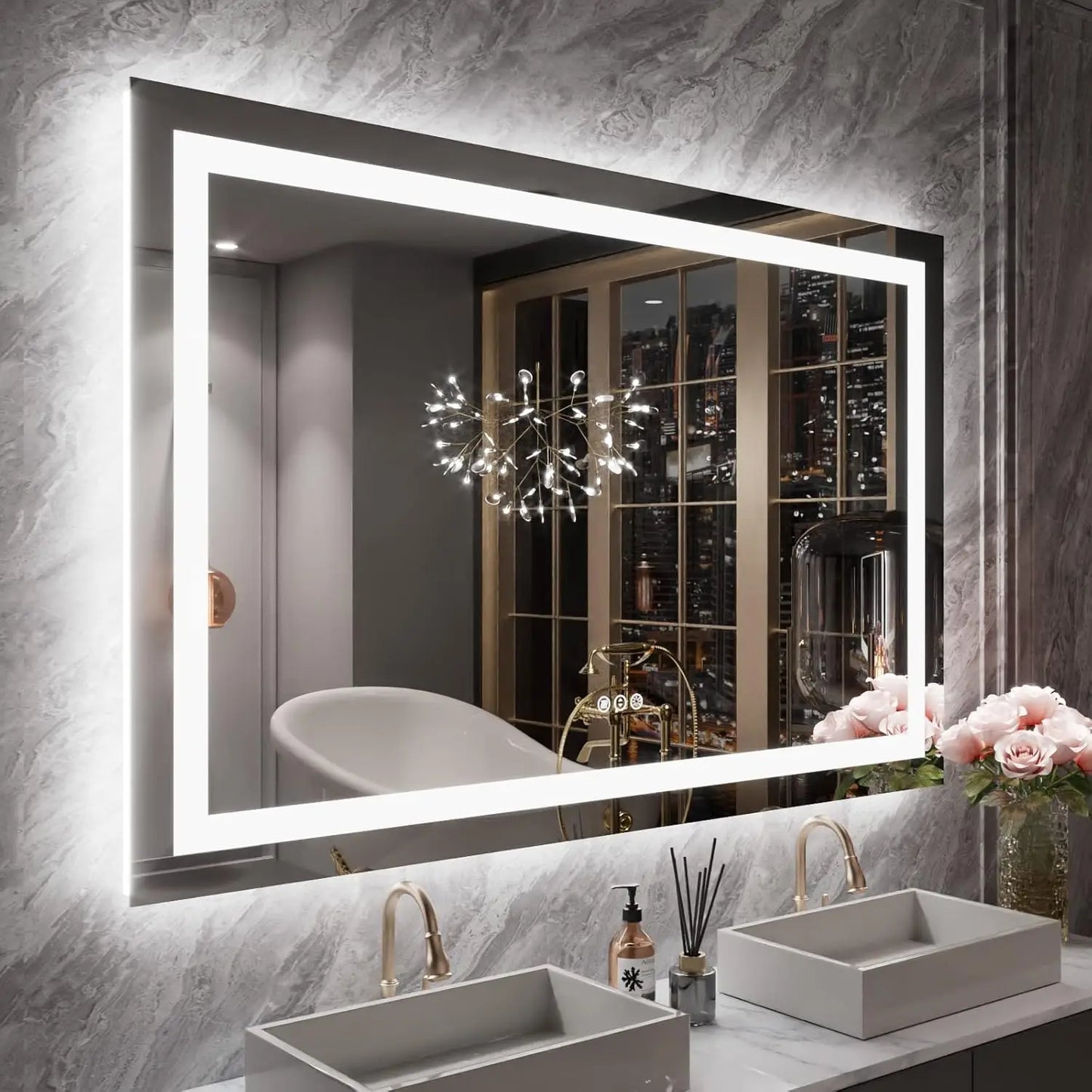 SH.KL Smart LED Bathroom Mirror, Anti-Fog and Dimmable, 3-Color Lighting with Memory, 5mm Shatterproof Glass, Wall-Mounted