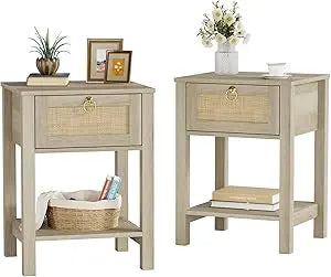 Ticify Boho Rattan Nightstand Set Of 2 With Drawers