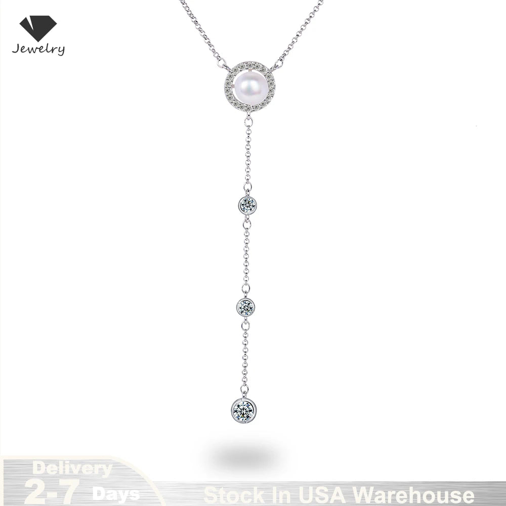 Moissanite Pendant Necklace for Women 925 Sterling Silver 8mm Luxury Pearl Long Tassel Chain Y Shaped Necklace USA Stock