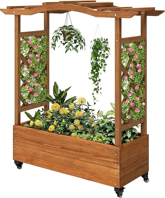 DWVO Raised Garden Bed with Trellis Movable, Weather Resistant Solid Wood Planter Box with Wheels for Climbing Plants, Elevated