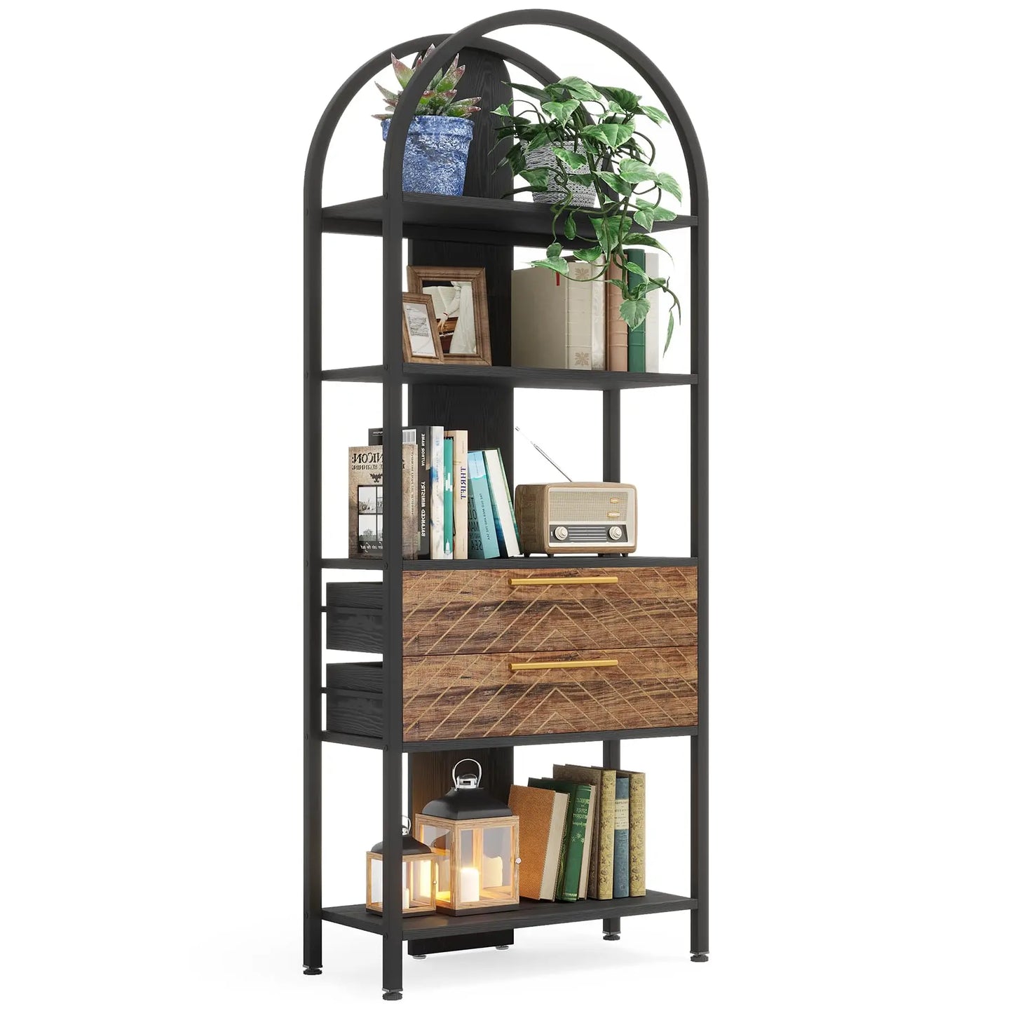 Tribesigns 4 Tier Bookshelf With 2 Drawers Arched Bookcase