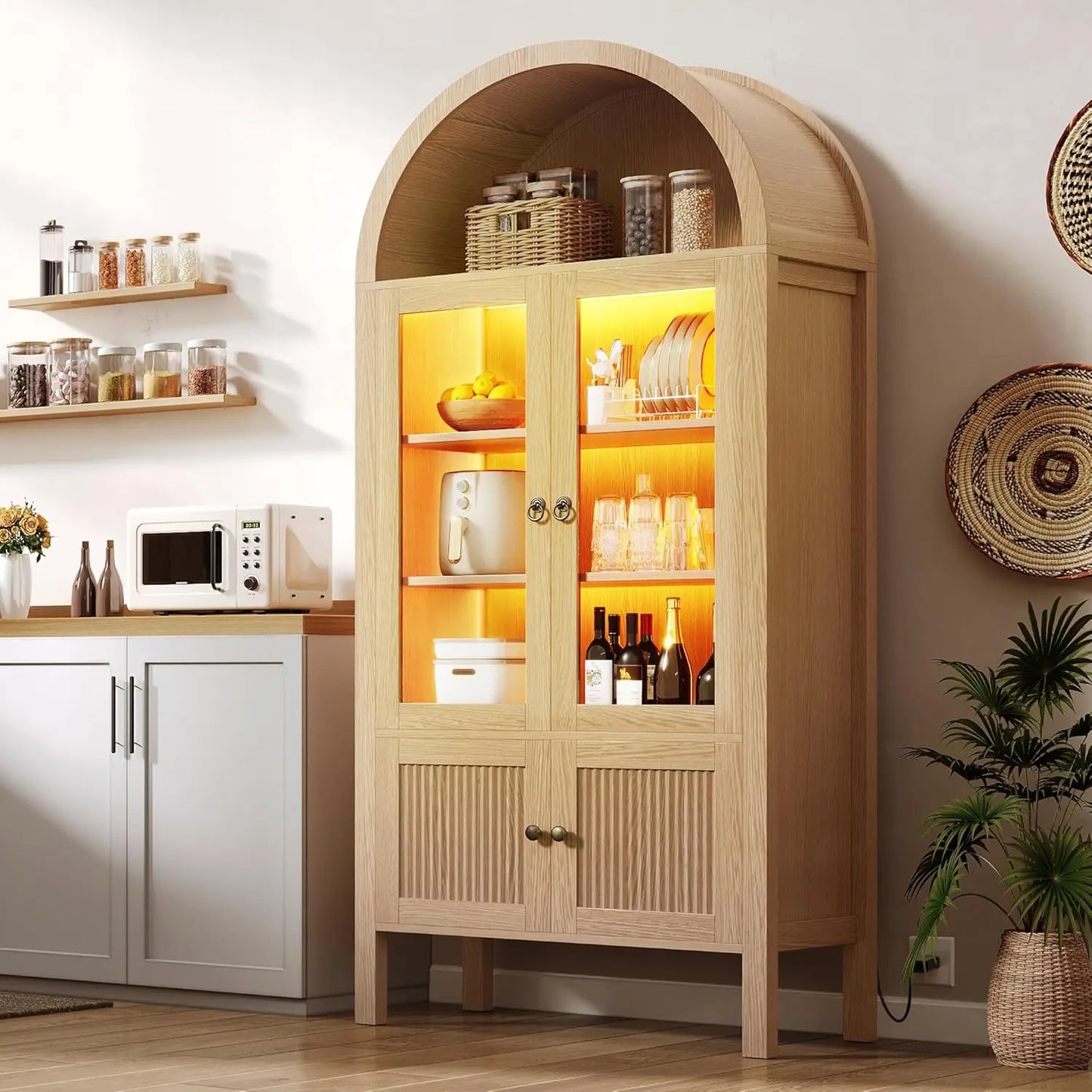 OEING Tall Arched Kitchen Pantry Cabinet With LED Light