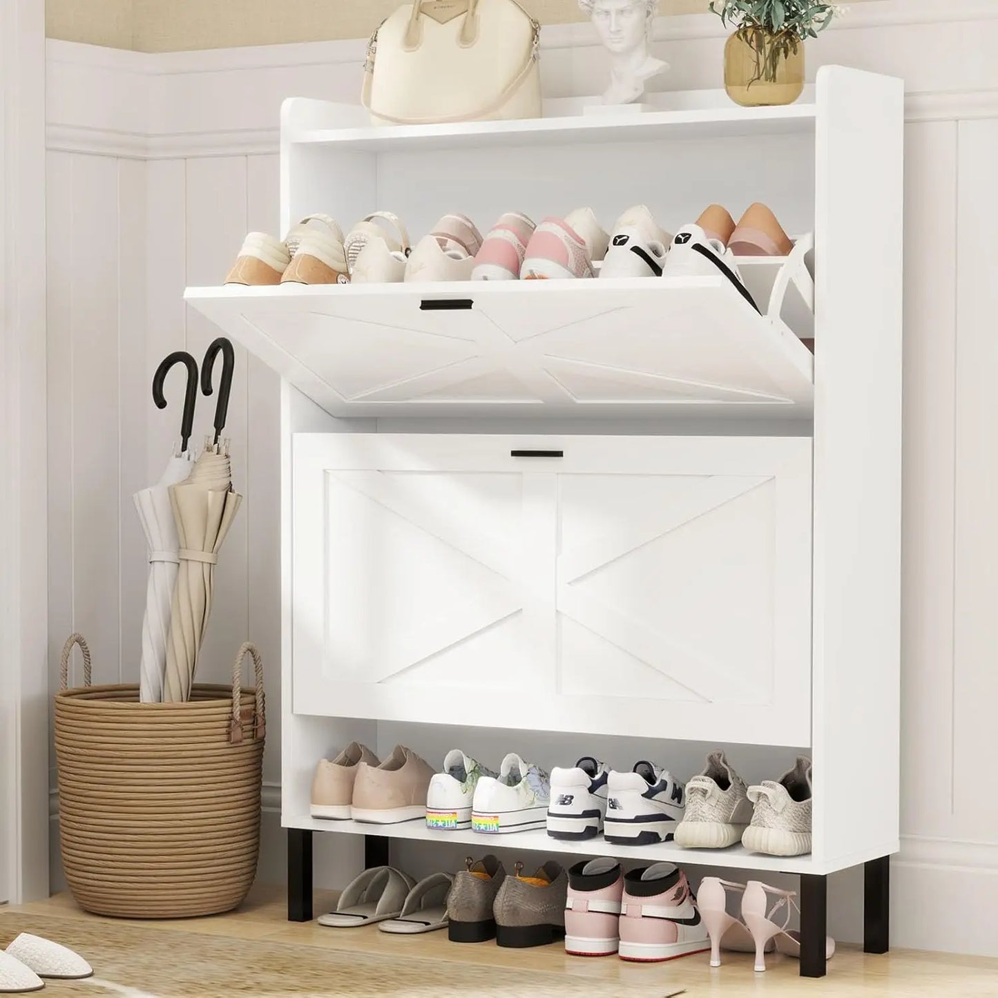 Shoe Cabinet for 24 Pairs, Fits Size 13, Slim Freestanding Shoe Rack Organizer with 2 Flip Drawers & Coat Hooks