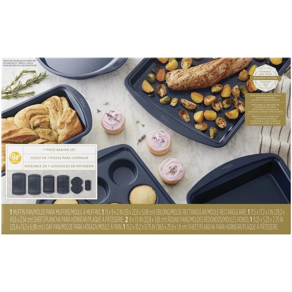 Diamond-Infused Non-Stick Baking Set 7-Piece Dishwasher Safe Bakeware Large Medium Muffin Loaf Round Pans Kitchen Gift