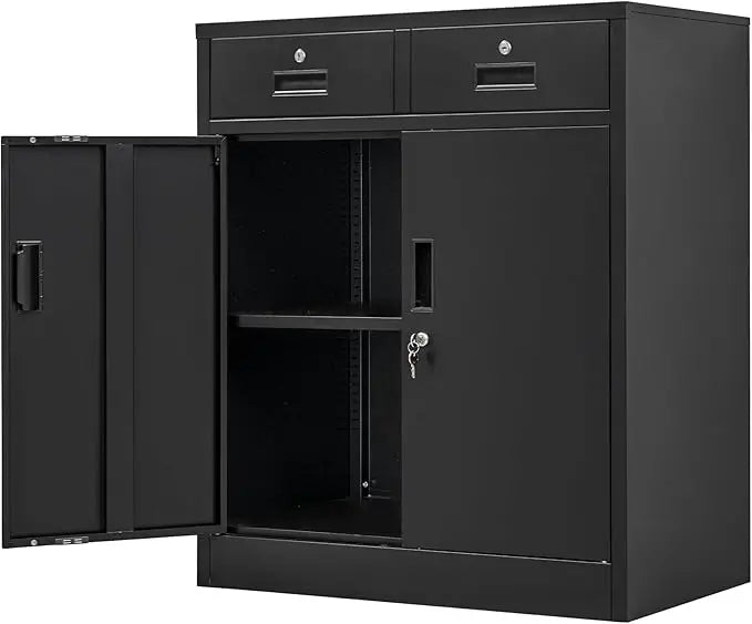 Color Locking Storage Cabinet With 2 Drawers And Shelf