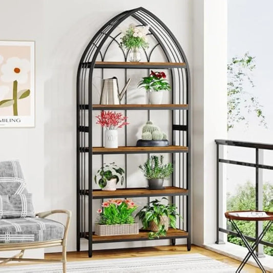 5-Tier Indoor Plant Stand, 74.8-Inch Tall, Industrial Wood & Metal Plant Shelf for Indoor, Balcony, Garden (Rustic Brown & Blac
