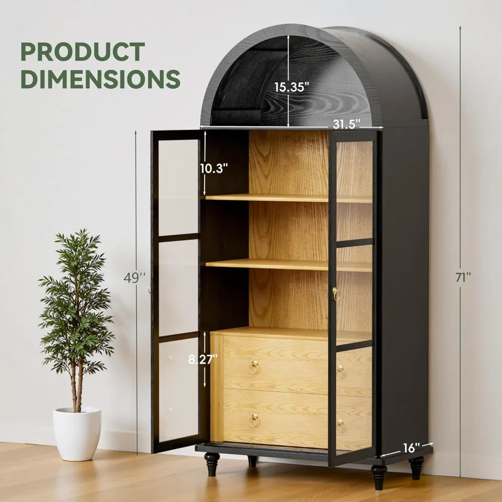 TIFICY Tall Arched Storage Cabinet With Drawers Glass Doors