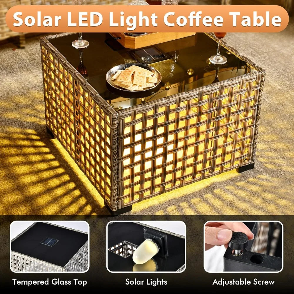 MKDK Outdoor Premium Rattan Patio Set With Solar Lighting
