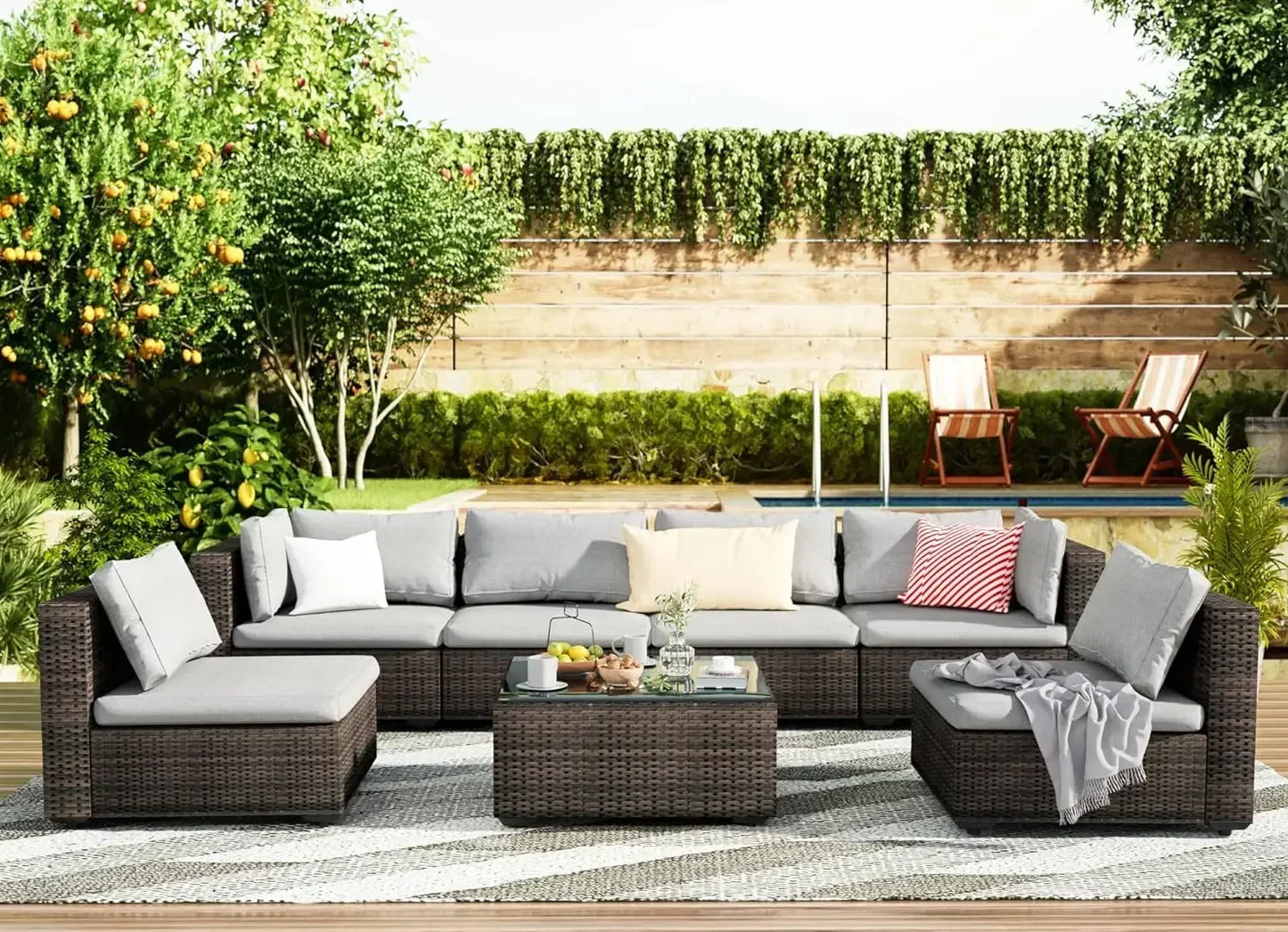 Patio Furniture 7 Pieces Set, Sectional PE Rattan Conversation Sets with Cushions& Glass Coffee Table, Patio Furniture Set