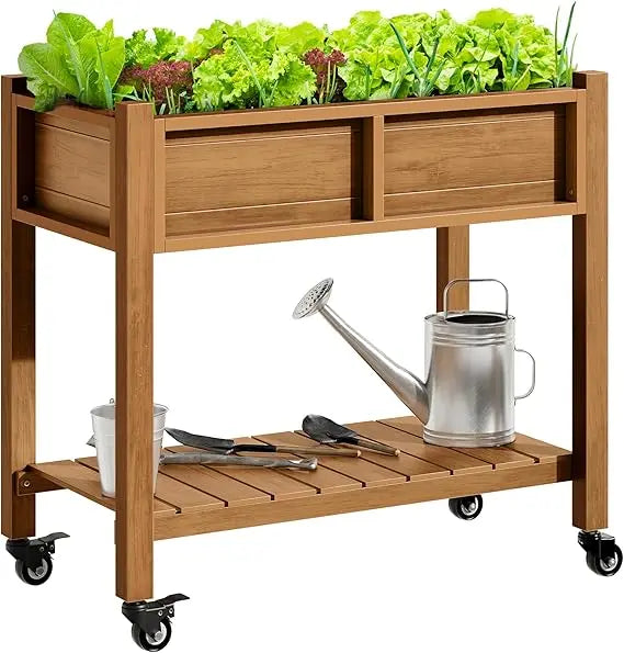 DWVO Raised Garden Bed with Trellis Movable, Weather Resistant Solid Wood Planter Box with Wheels for Climbing Plants, Elevated