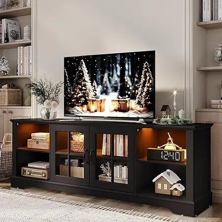 RBXC Modern Farmhouse TV Stand With LED Lights Glass Doors