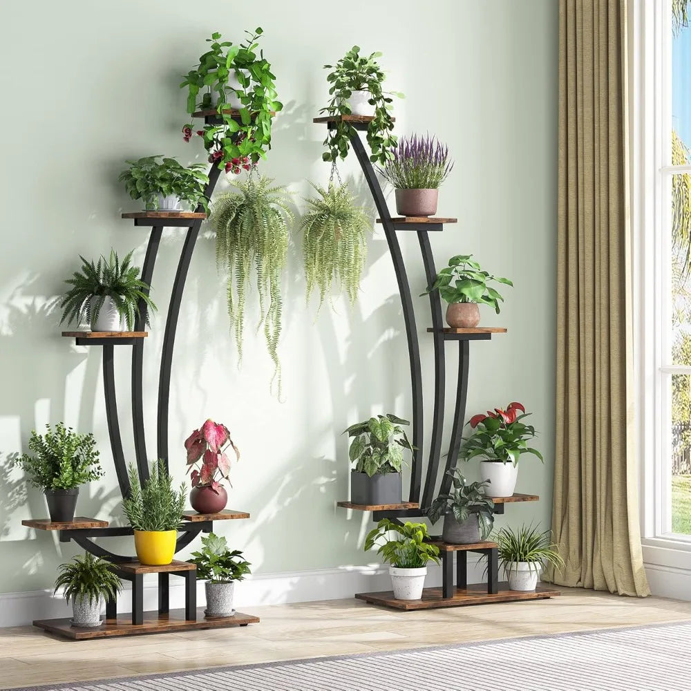 6 Tier Tall Indoor Plant Stand Pack of 2 Metal Curved Display Shelf with 2 Hanging Hooks Multi Purpose Bonsai Flower Pot Holder