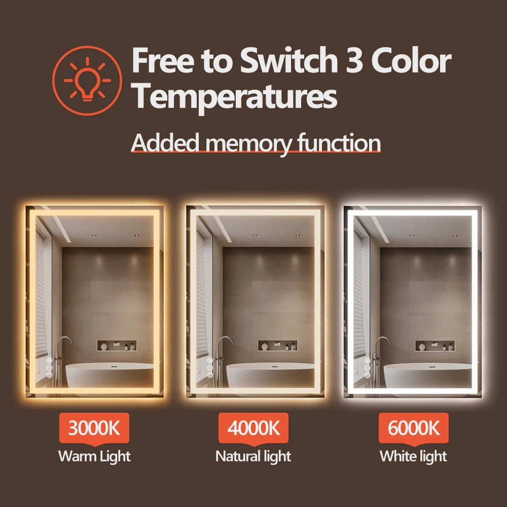 SH.KL Smart LED Bathroom Mirror, Anti-Fog and Dimmable, 3-Color Lighting with Memory, 5mm Shatterproof Glass, Wall-Mounted
