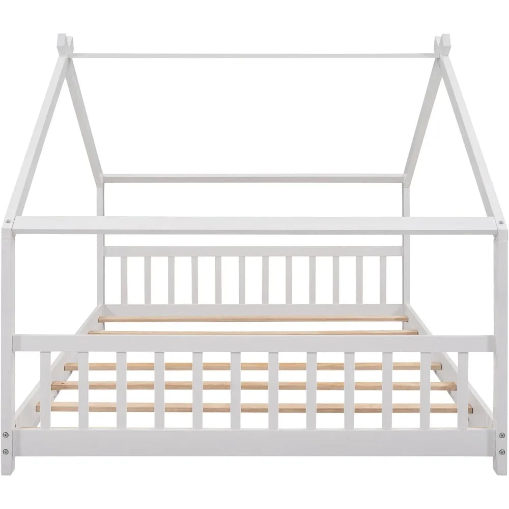 Modern Full House Beds, Montessori Bed Wood Frame, Kids Platform Bed with Headboard & Footboard for Children Boys Girls Teens