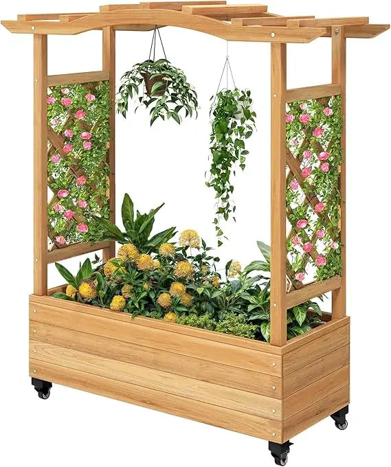 DWVO Raised Garden Bed with Trellis Movable, Weather Resistant Solid Wood Planter Box with Wheels for Climbing Plants, Elevated