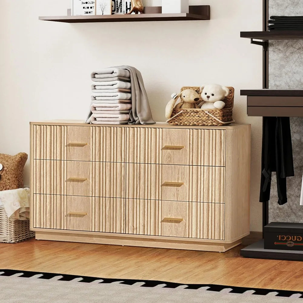 Ticify Fluted Double Dresser With Six Drawers Modern Chest