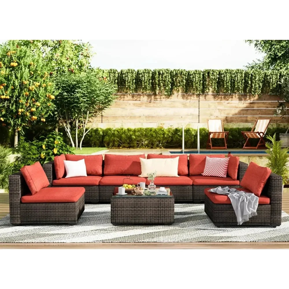 Patio Furniture 7 Pieces Set, Sectional PE Rattan Conversation Sets with Cushions& Glass Coffee Table, Patio Furniture Set