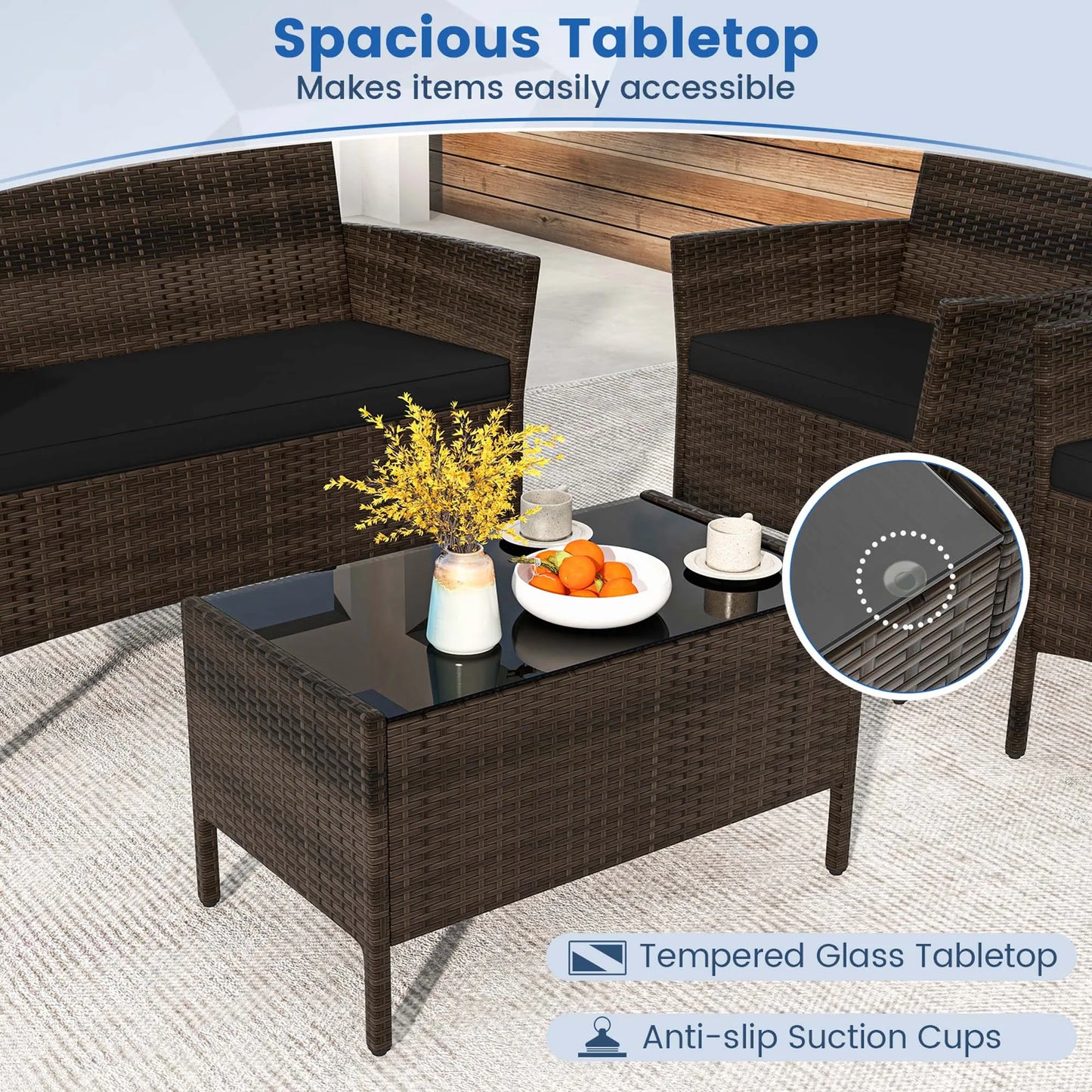 4 PCS Patio Furniture Set with Washable Cushions and Tempered Glass Coffee Table Black