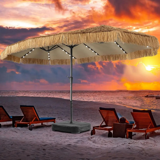 MKDK Tiki Bench Umbrella With Base And Solar Lights