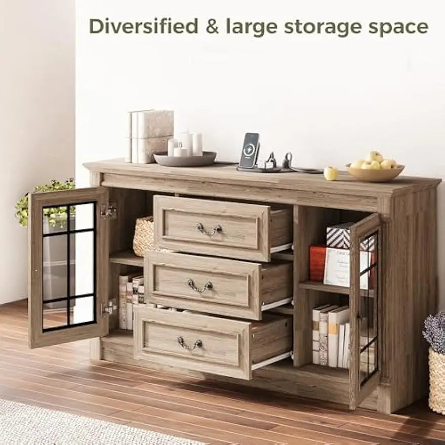 General Use Farmhouse TV Stand With Outlets And Glass Doors
