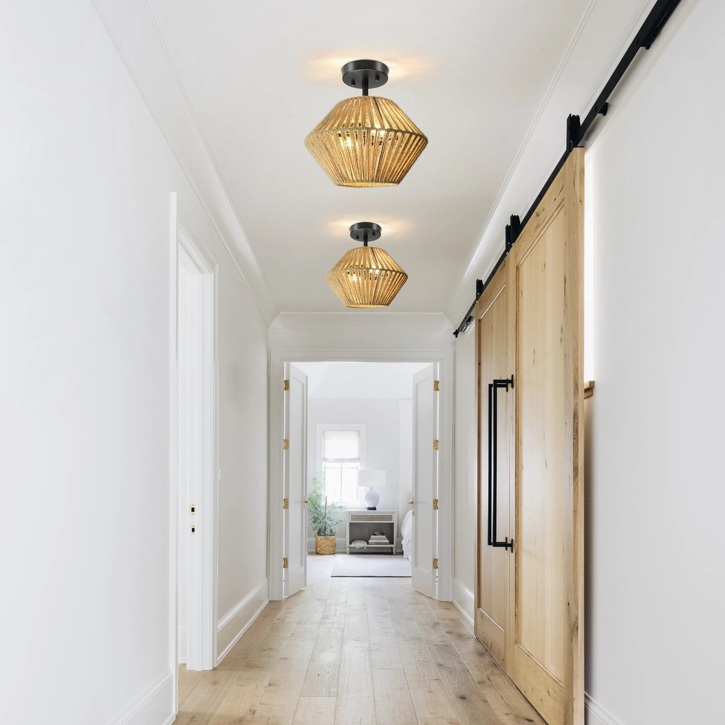 Bohemian Rattan Cloakroom Ceiling Light, Hand-Woven Living Room Ceiling Lamp, Modern Minimalist Bedroom Ceiling Lights