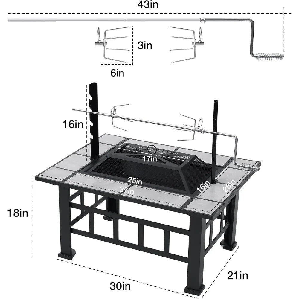 Fire Pit Table for Outside 37 Inch Square Firepits with Grill Large Wood Burning Heavy Duty Steel BBQ Bonfire Pit Outdoor Cookin