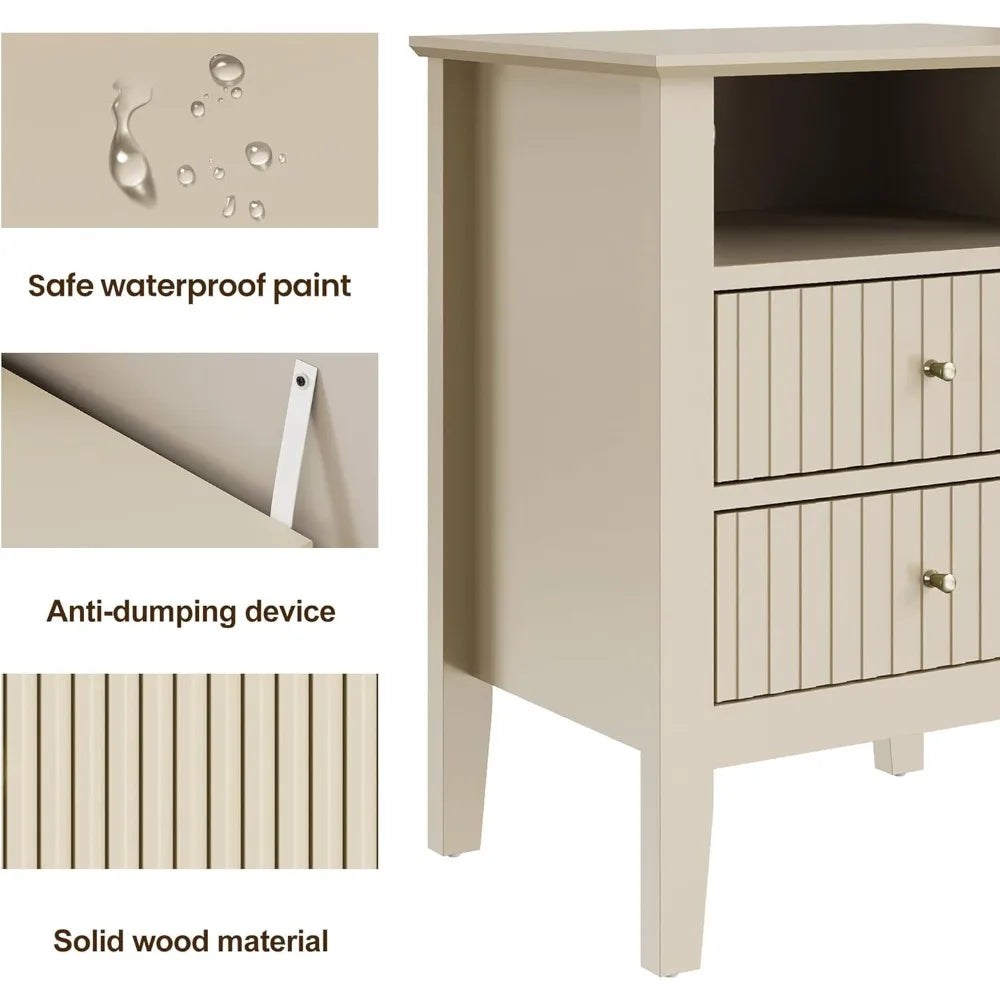 Beige Fluted Nightstand Set of 2, Colorful Nightstand with 2 Drawers, Modern Wooden End Table with Storage for Small Spaces, Si
