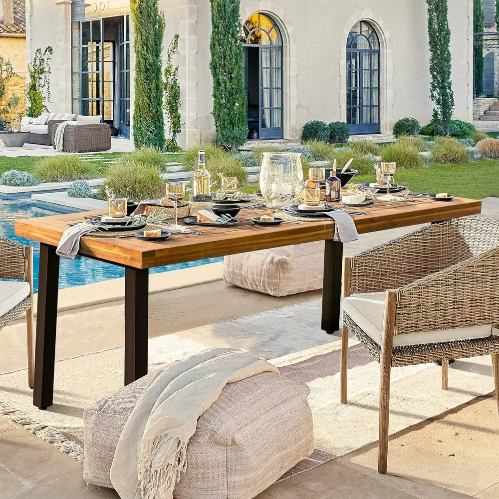Acacia Wood Dining Table With Iron Legs Sandblast Finish