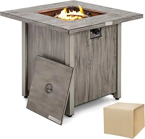 28” Patio Fire Pit Table - 2-in-1 40,000 BTU Gas Square Fire Table with Lid & Lava Rocks, Metal Frame, PVC Protective Cover, CS