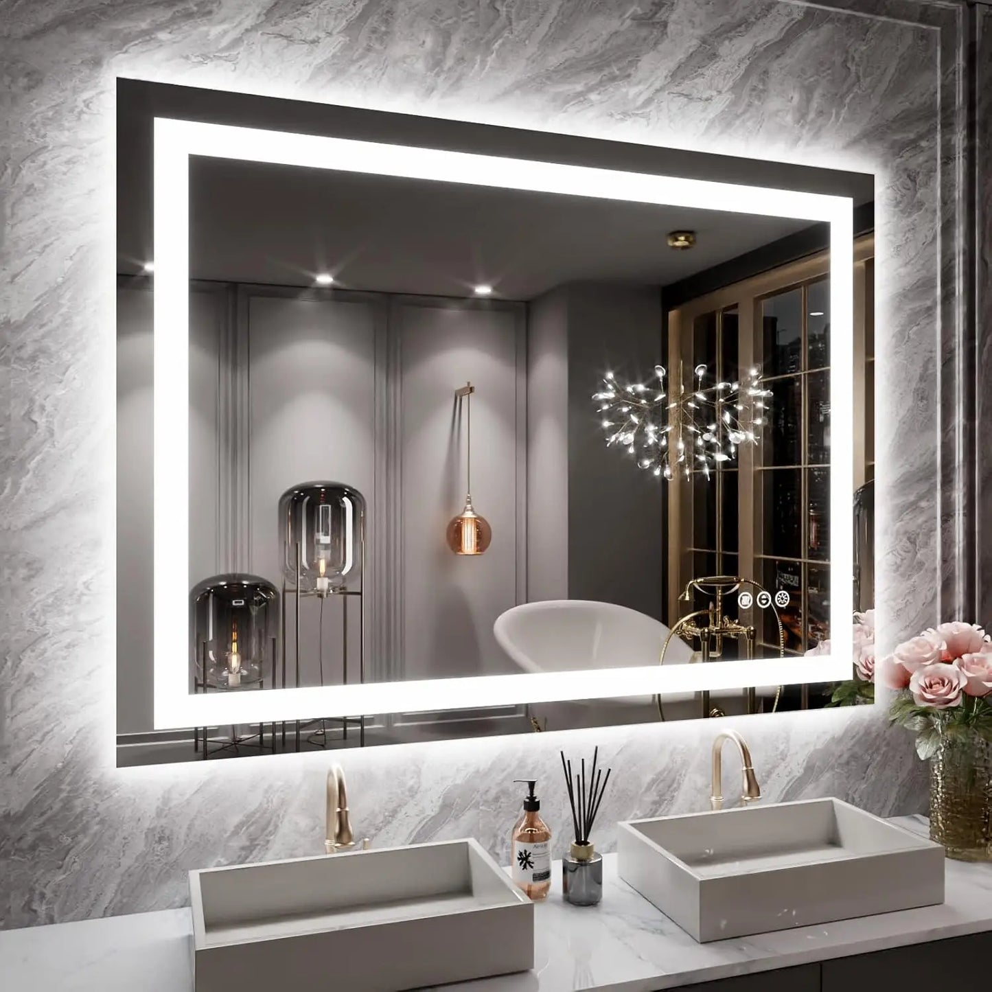SH.KL Smart LED Bathroom Mirror, Anti-Fog and Dimmable, 3-Color Lighting with Memory, 5mm Shatterproof Glass, Wall-Mounted