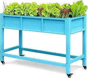 DWVO Raised Garden Bed, Outdoor Planter Box, Small Flower Box with Double-Layer, 4 Swivel Casters and Built-in Drain Holes, Idea