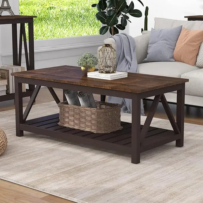 Farmhouse Coffee Table, Rustic Vintage Living Room Table with Shelf,Farmhouse Coffee Table