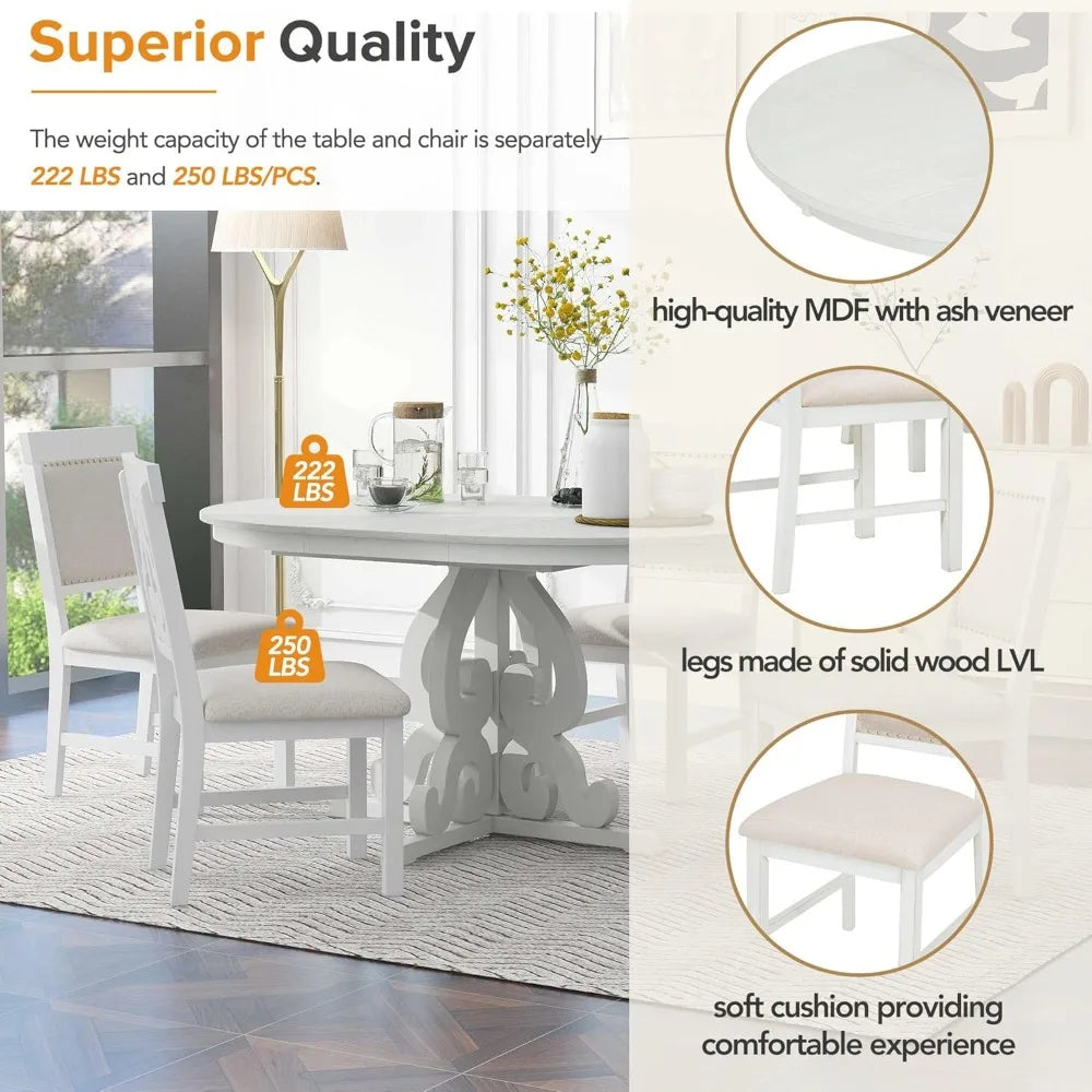 Extendable Dining Table Set for 4-6, Solid Wood Kitchen Table Set with 4 Upholstered Chairs for Kitchen, Dining Room, Small Spa