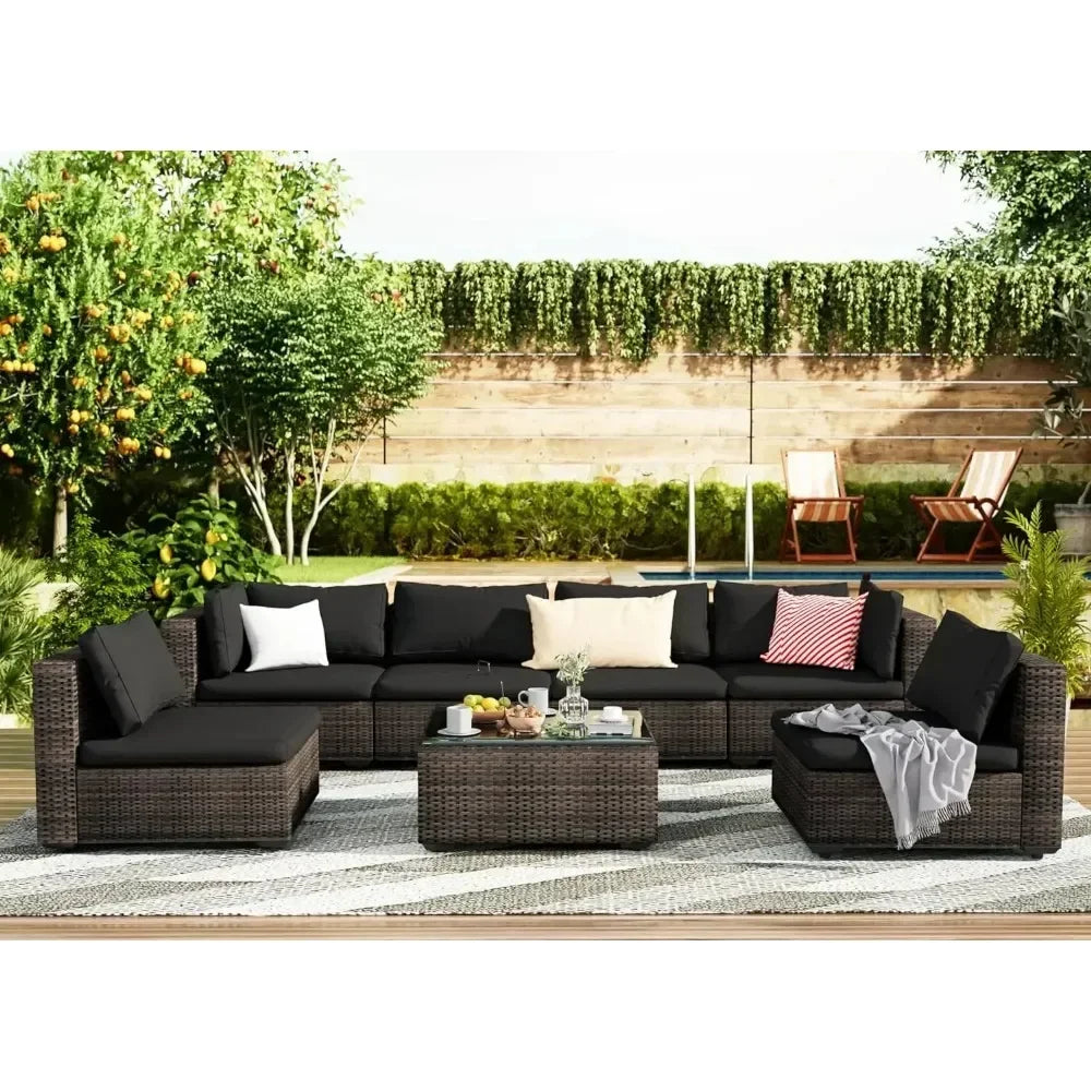 Patio Furniture 7 Pieces Set, Sectional PE Rattan Conversation Sets with Cushions& Glass Coffee Table, Patio Furniture Set