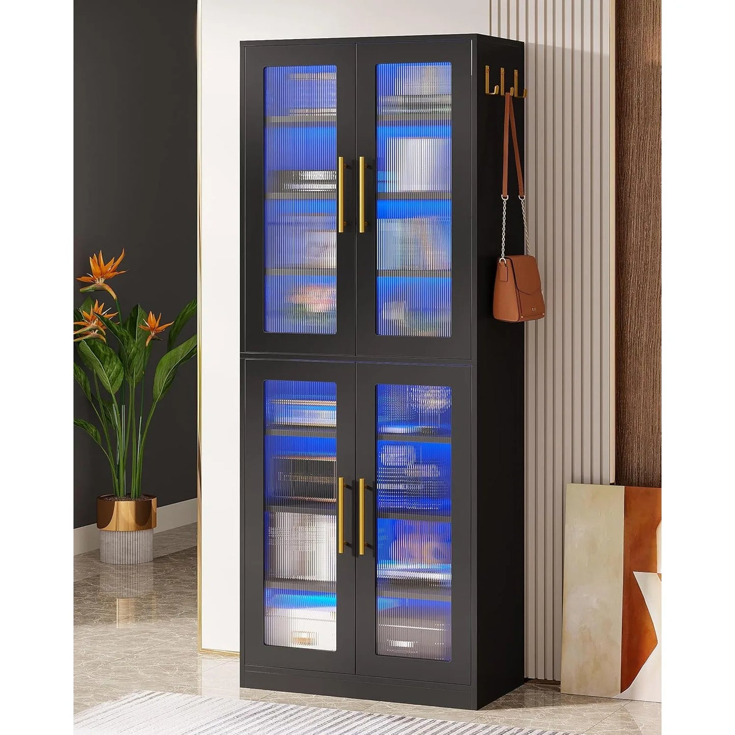 Bookcase With Doors And LED Light 67 Inch Tall Bookshelf With 8 Tier Shelves For Living Room Bathroom Office Kitchen