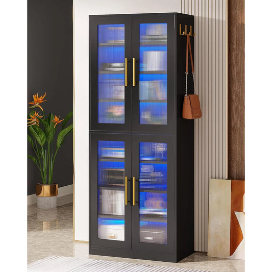 Bookcase With Doors And LED Light 67 Inch Tall Bookshelf With 8 Tier Shelves For Living Room Bathroom Office Kitchen