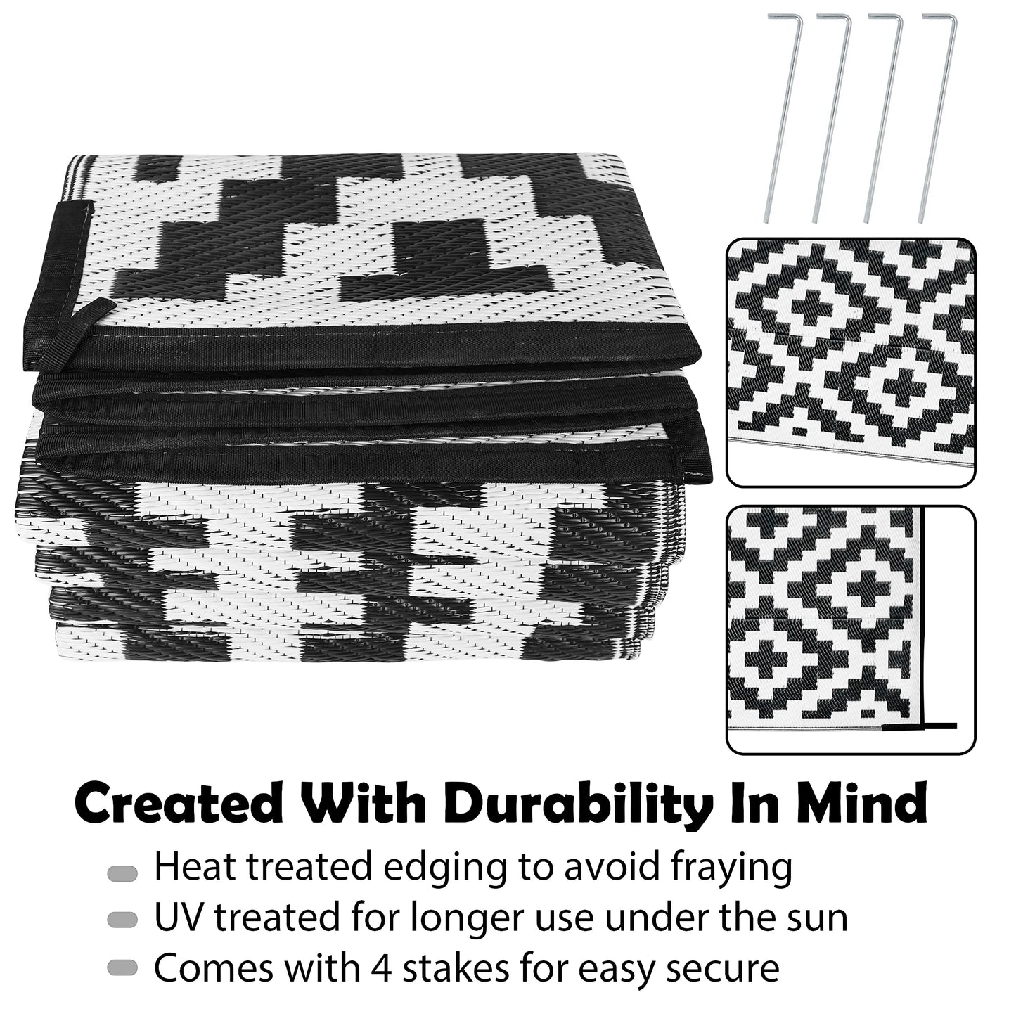 6 x 9 FT camping rug for RV mats outside, indoors, outdoor porches, decks, backyards, camping, balconies, picnics, black&white