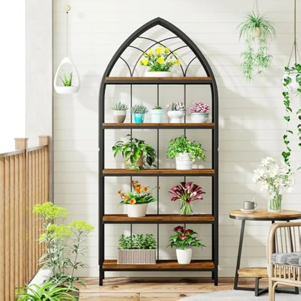 5-Tier Indoor Plant Stand, 74.8-Inch Tall, Industrial Wood & Metal Plant Shelf for Indoor, Balcony, Garden (Rustic Brown & Blac