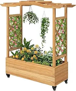 DWVO Raised Garden Bed, Outdoor Planter Box, Small Flower Box with Double-Layer, 4 Swivel Casters and Built-in Drain Holes, Idea