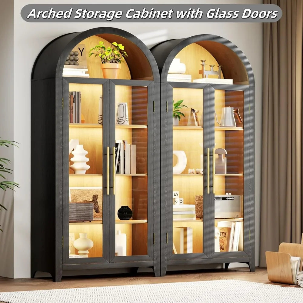 MKDK Arched Storage Cabinet 5 Tier Pantry With Glass Door