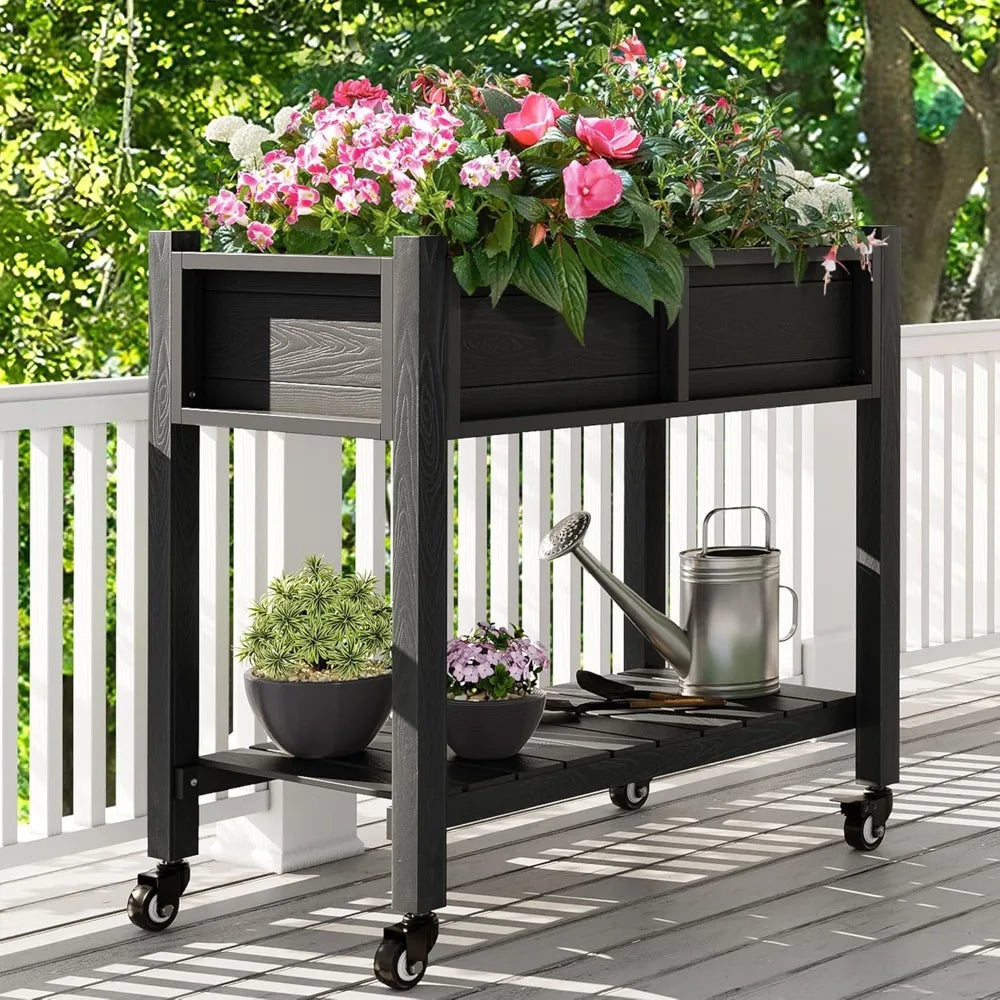 DWVO Raised Garden Bed, Outdoor Planter Box, Small Flower Box with Double-Layer, 4 Swivel Casters and Built-in Drain Holes, Idea