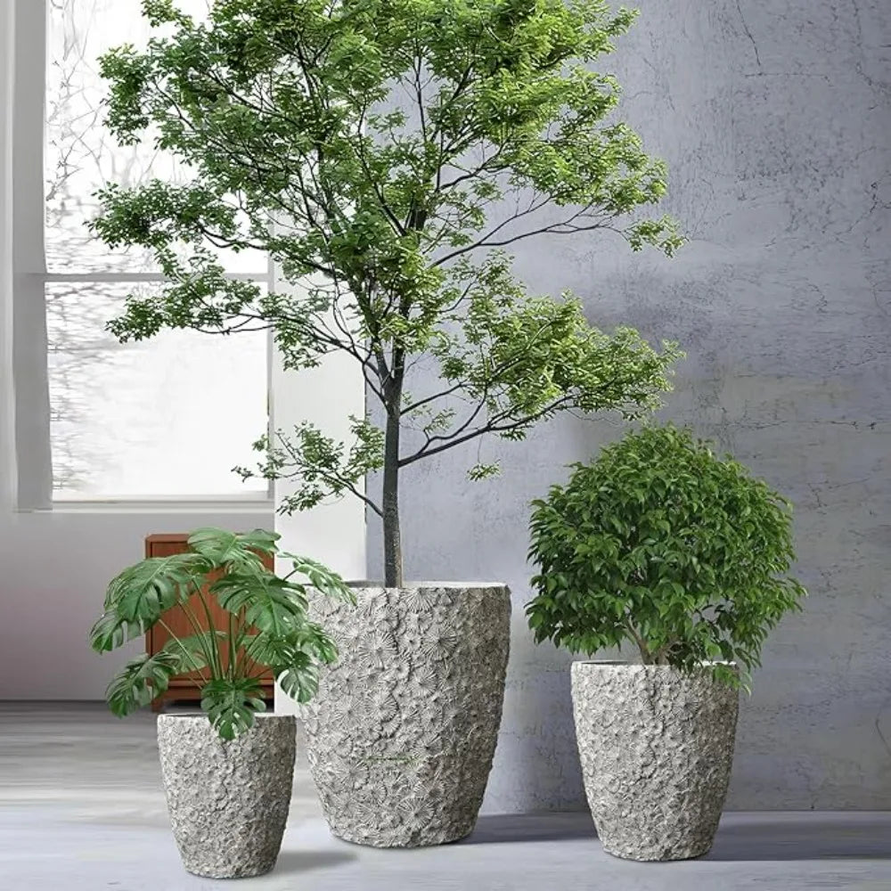 Round Concrete Planter Set Of 3 With Drainage Holes