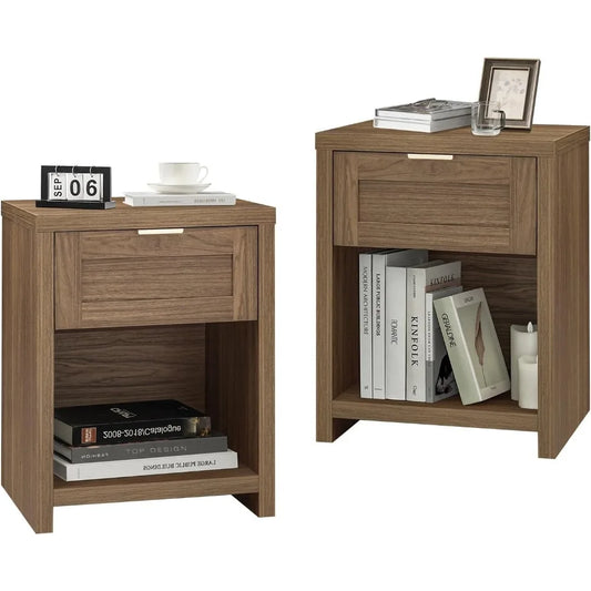 Night Stand Set 2, Boho End Table with Drawer and Storage Shelf Accent Table, Minimalist Sofa Bed Side Accent Table with Drawer