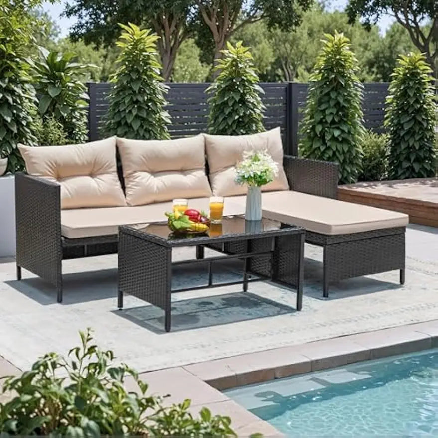 Outdoor 3 Piece Wicker Patio Set With Cushions And Table