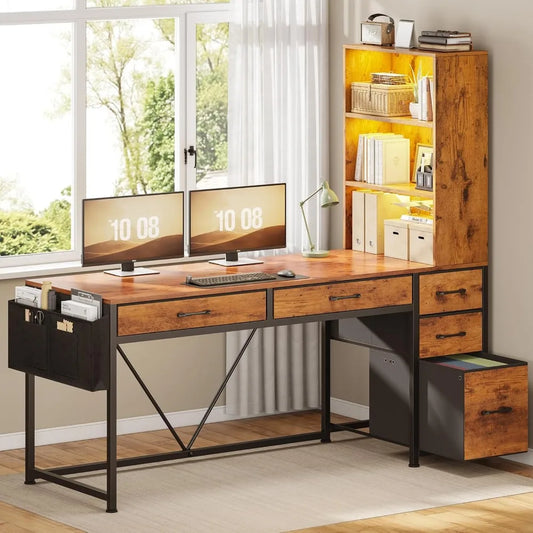 DAFIFY Computer Desk With 5 Drawers And Bookshelf Storage