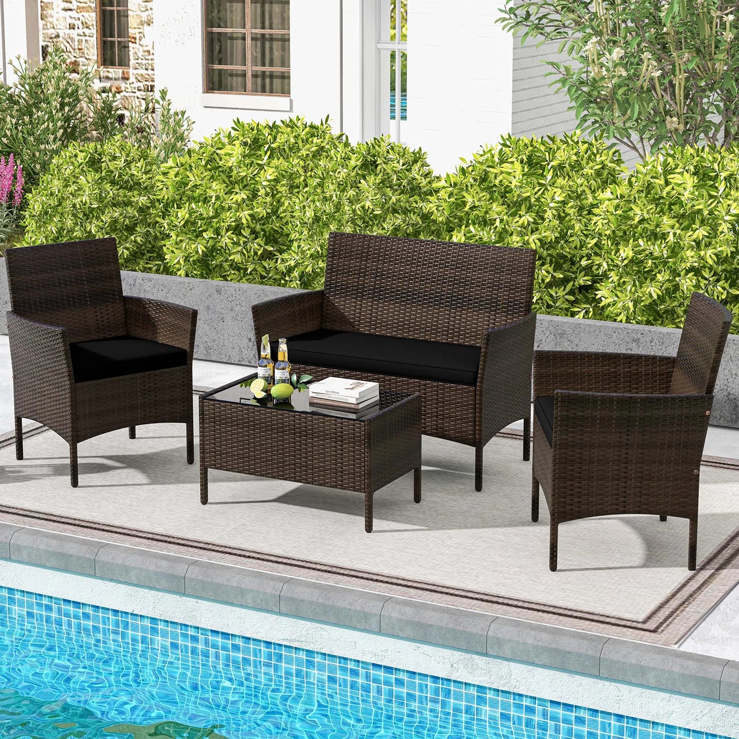 4 PCS Patio Furniture Set with Washable Cushions and Tempered Glass Coffee Table Black