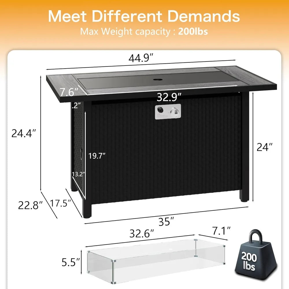 45in Fire Table, Propane Fire Pit with Glass Wind Guard and Rain Cover, Outdoor Firepit Table 50000 BTU 3-in-1 Fire Table for P